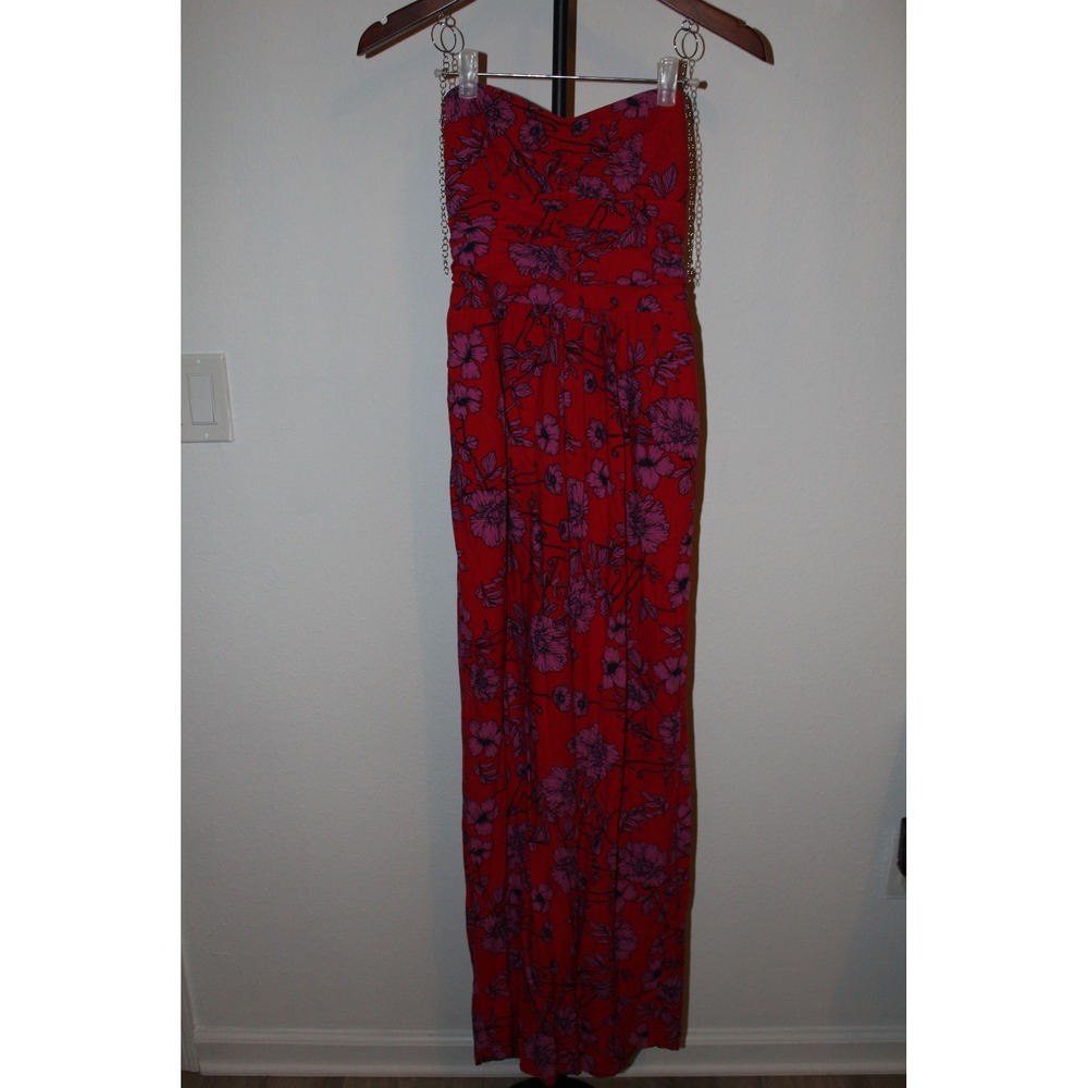 B.O.G Collective Womens XS Red Purple Floral Strapless Wide Leg Jumpsuit Pockets
